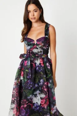 Printed Organza Notch Neck Midi Wedding Guest Dress