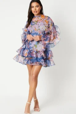 Printed Organza Ruffle Long Sleeve Mini Dress