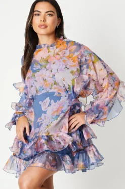 Printed Organza Ruffle Long Sleeve Mini Dress