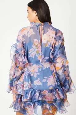Printed Organza Ruffle Long Sleeve Mini Dress