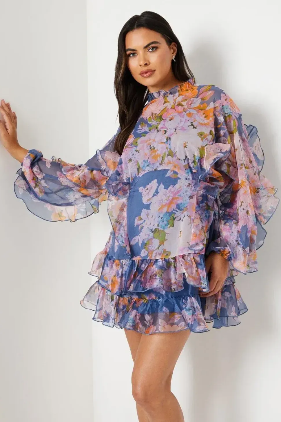 Printed Organza Ruffle Long Sleeve Mini Dress