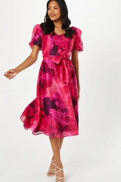 Printed Organza Sweetheart Neck Midi Wedding Guest Dress