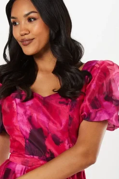 Printed Organza Sweetheart Neck Midi Wedding Guest Dress
