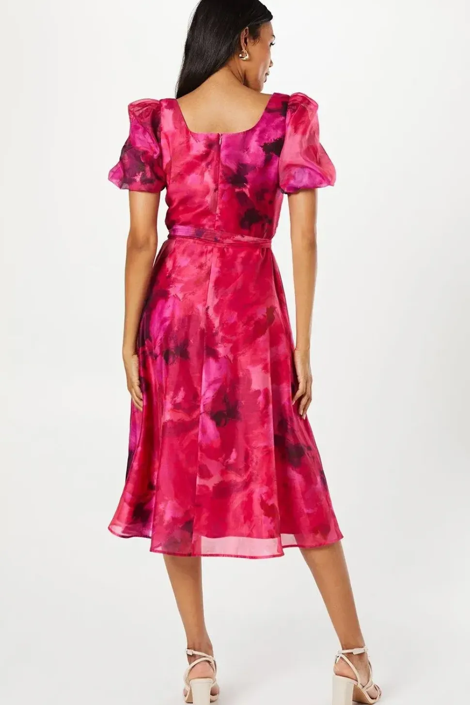 Printed Organza Sweetheart Neck Midi Wedding Guest Dress