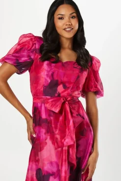 Printed Organza Sweetheart Neck Midi Wedding Guest Dress