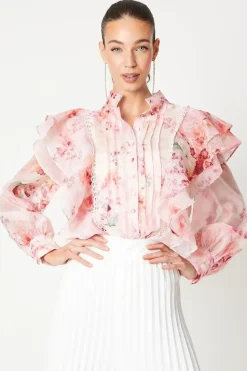 Printed Pintuck Ruffle Blouse With Volume Sleeve
