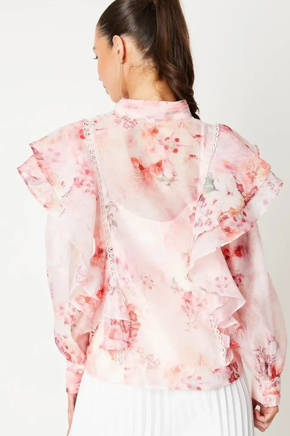 Printed Pintuck Ruffle Blouse With Volume Sleeve