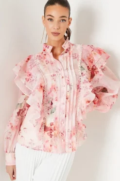 Printed Pintuck Ruffle Blouse With Volume Sleeve