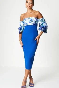 Printed Pleat Bardot Midi Dress