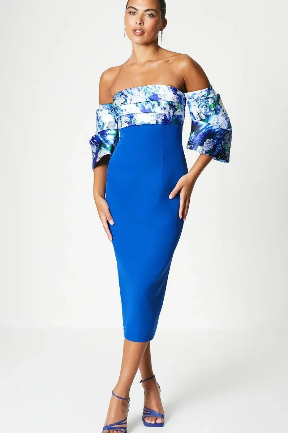 Printed Pleat Bardot Midi Dress