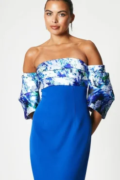 Printed Pleat Bardot Midi Dress