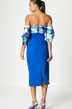 Printed Pleat Bardot Midi Dress