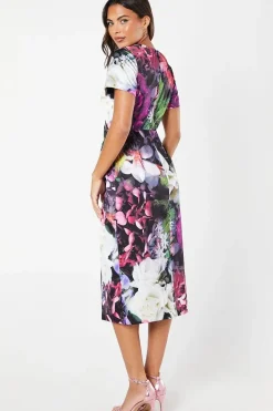 Printed Pleat Detail Wrap Skirt Pencil Midi Wedding Guest Dress