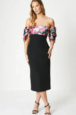 Printed Pleated Bardot Midi Dress