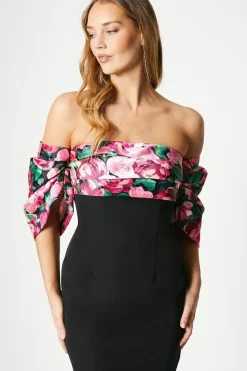 Printed Pleated Bardot Midi Dress