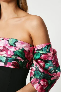 Printed Pleated Bardot Midi Dress