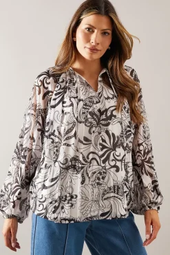 Printed Pleated Blouson Sleeve Blouse