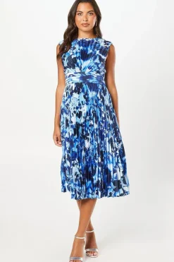 Printed Pleated Satin Midi Wedding Guest Dress