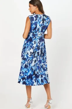 Printed Pleated Satin Midi Wedding Guest Dress