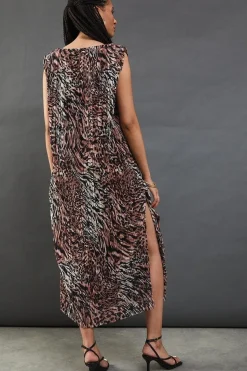Printed Plisse Shoulder Pad Sleeveless Midi Dress