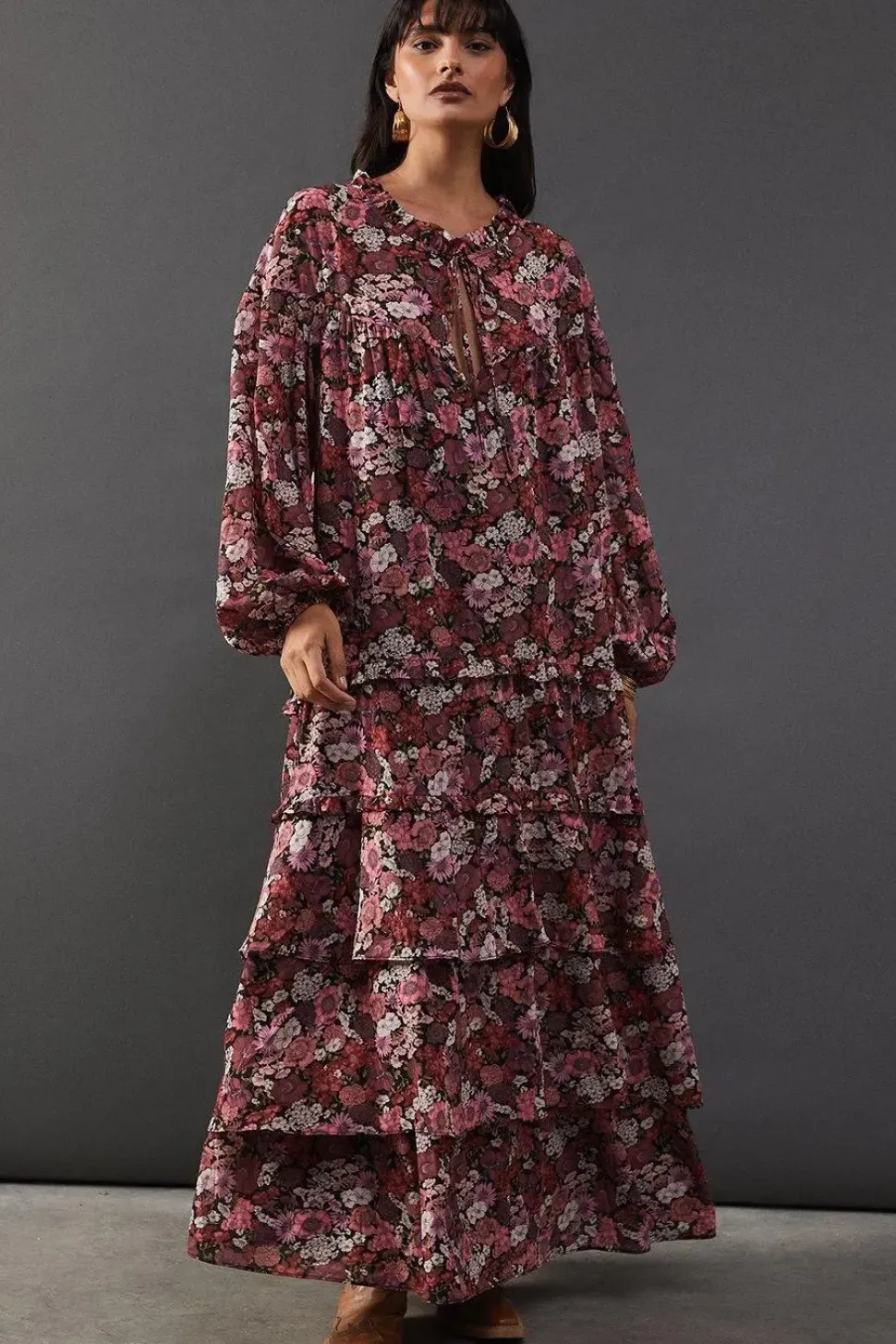 Printed Premium Chiffon Tie Neck Tier Smock Maxi Dress