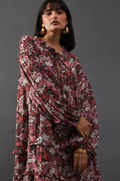 Printed Premium Chiffon Tie Neck Tier Smock Maxi Dress