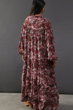 Printed Premium Chiffon Tie Neck Tier Smock Maxi Dress