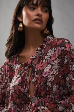 Printed Premium Chiffon Tie Neck Tier Smock Maxi Dress