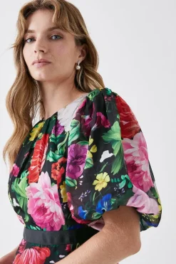 Printed Puff Sleeve Flute Hem Midi Dress