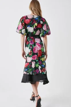 Printed Puff Sleeve Flute Hem Midi Dress