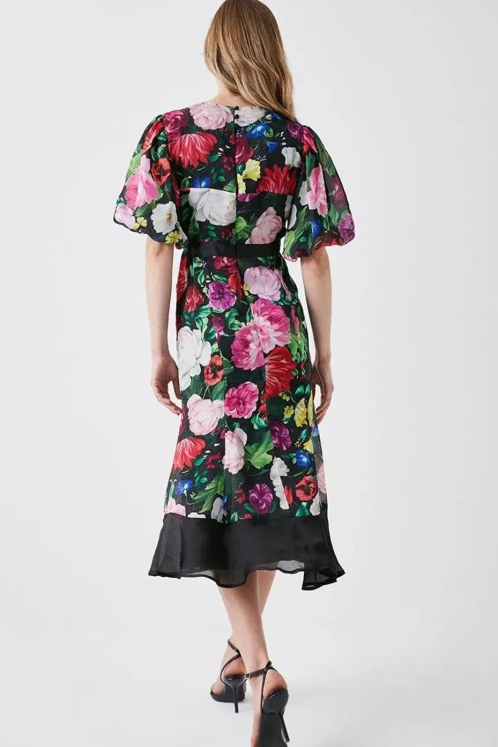 Printed Puff Sleeve Flute Hem Midi Dress
