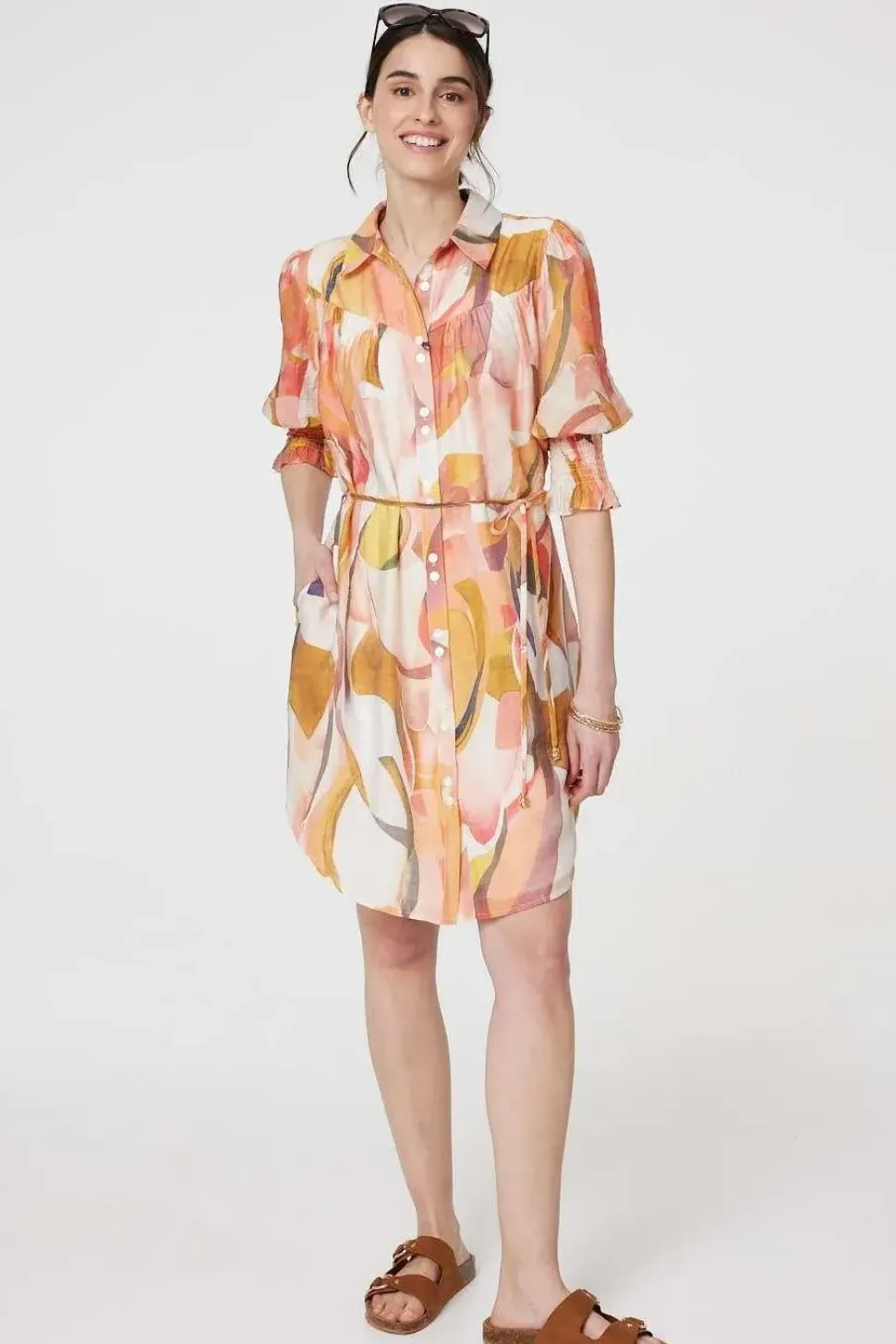Printed 3/4 Puff Sleeve Shirt Dress
