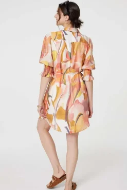 Printed 3/4 Puff Sleeve Shirt Dress