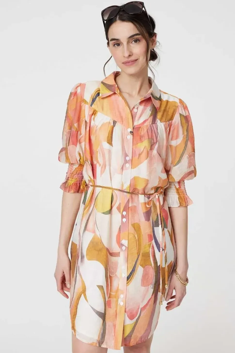 Printed 3/4 Puff Sleeve Shirt Dress