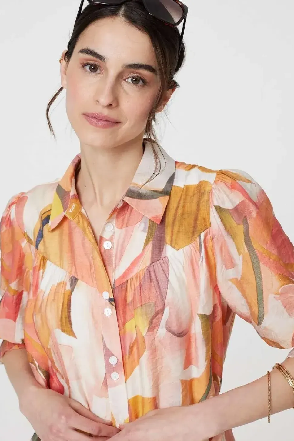 Printed 3/4 Puff Sleeve Shirt Dress
