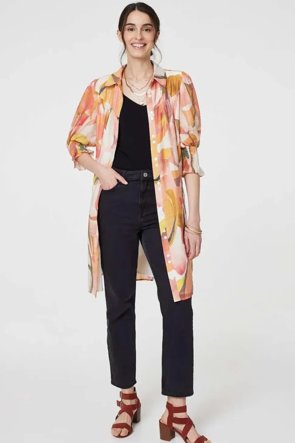 Printed 3/4 Puff Sleeve Shirt Dress