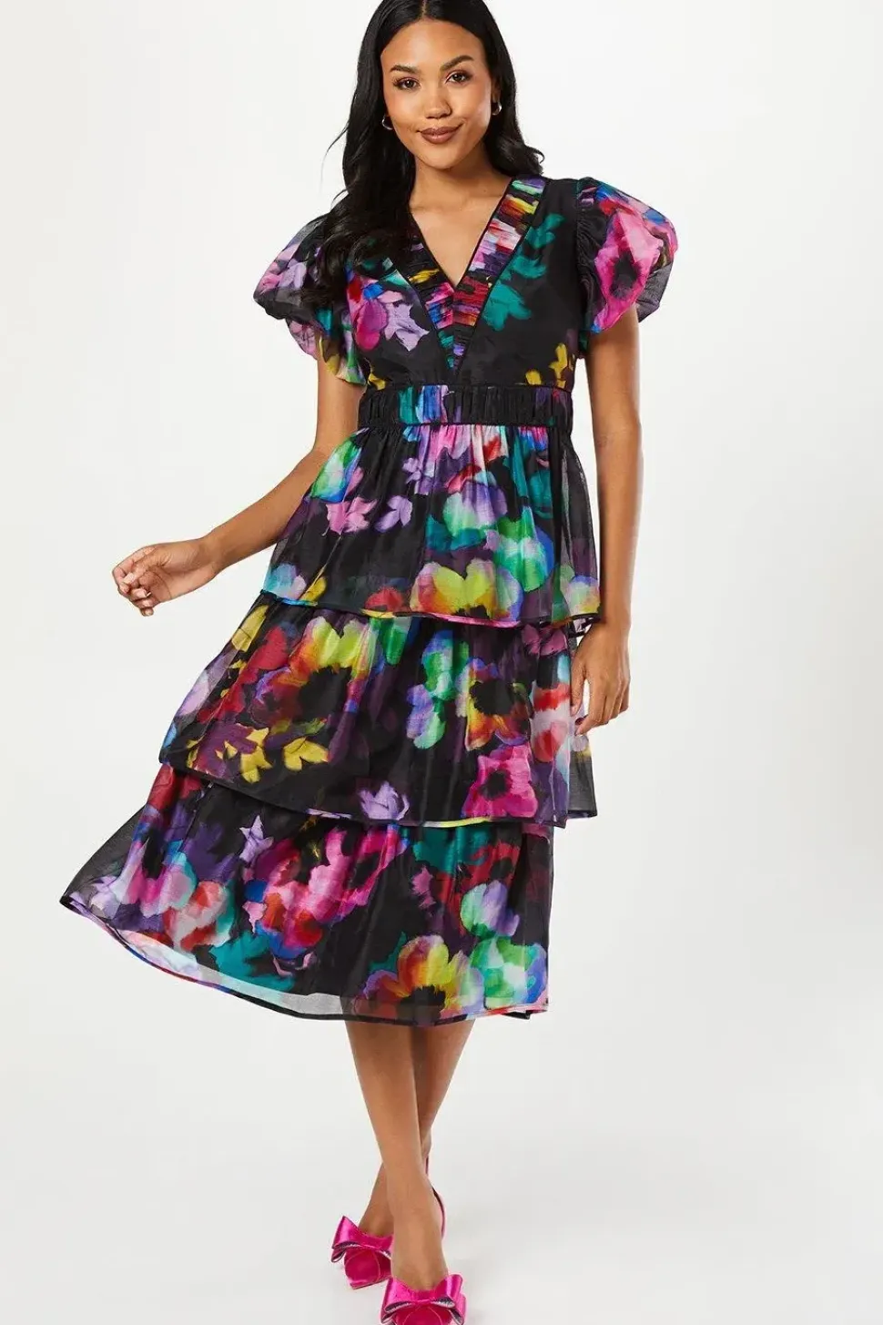 Printed Puff Sleeve Tiered Midi Wedding Guest Dress
