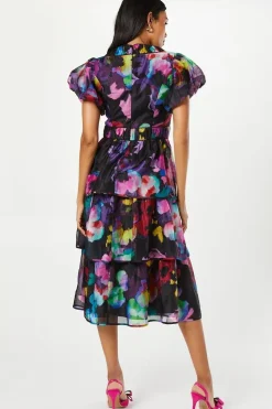 Printed Puff Sleeve Tiered Midi Wedding Guest Dress