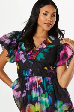 Printed Puff Sleeve Tiered Midi Wedding Guest Dress