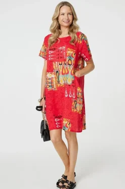 Printed Round Neck Relaxed Shift Dress