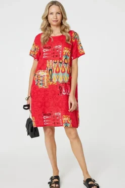 Printed Round Neck Relaxed Shift Dress