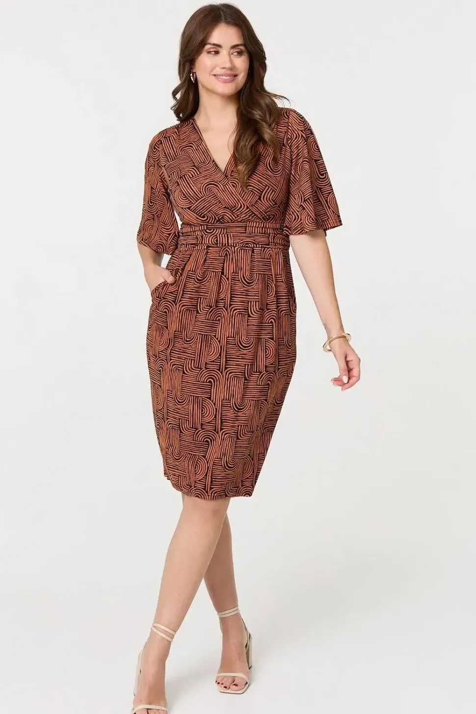 Printed Ruched Faux Wrap Knee Length Dress