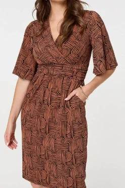 Printed Ruched Faux Wrap Knee Length Dress