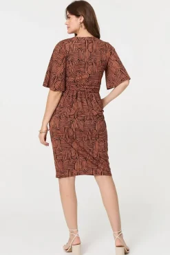 Printed Ruched Faux Wrap Knee Length Dress