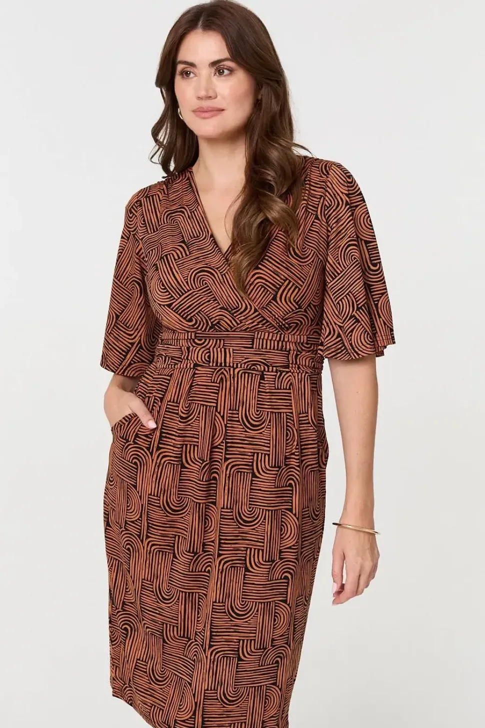Printed Ruched Faux Wrap Knee Length Dress