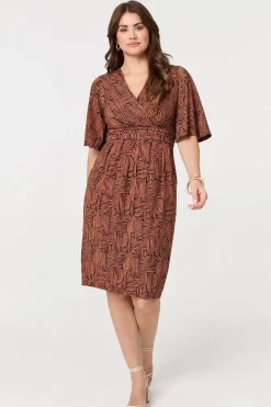 Printed Ruched Faux Wrap Knee Length Dress