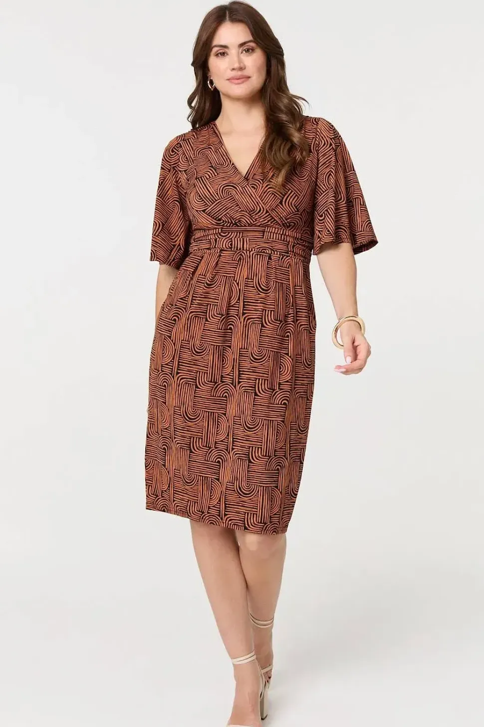 Printed Ruched Faux Wrap Knee Length Dress