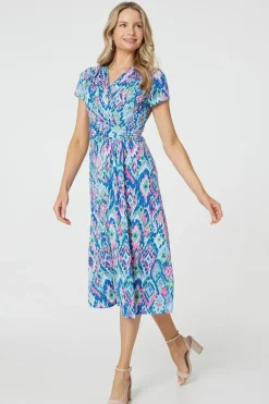 Printed Ruched Faux-Wrap Midi Dress