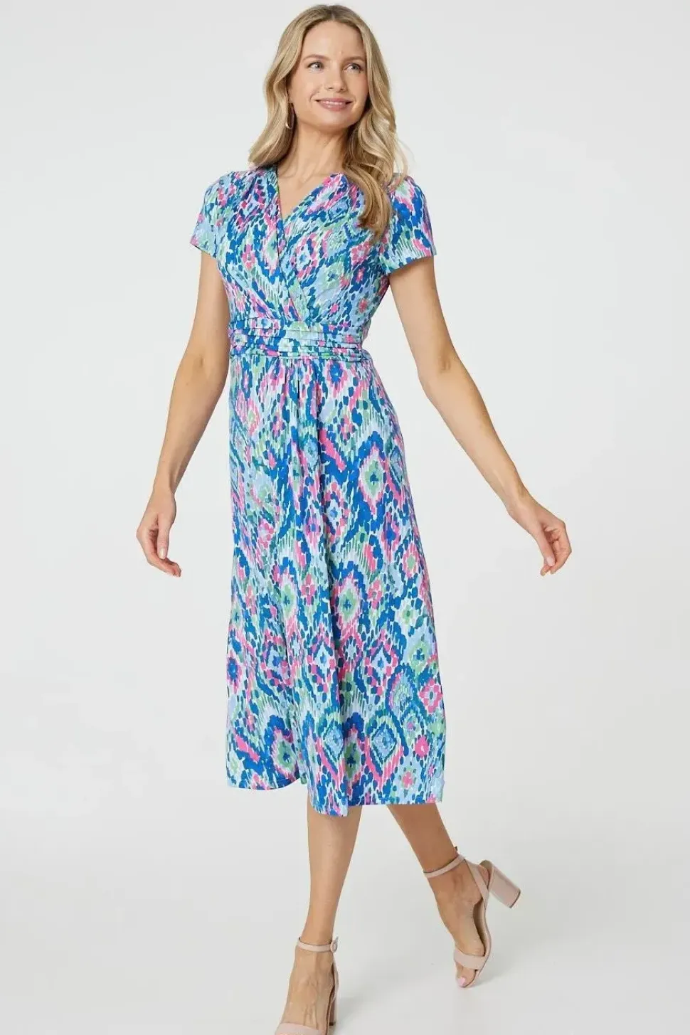 Printed Ruched Faux-Wrap Midi Dress