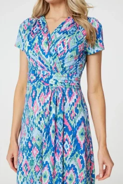 Printed Ruched Faux-Wrap Midi Dress